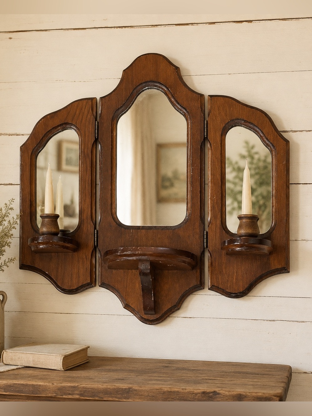 Vintage Wooden Tri-Fold Wall Mirror Candle Sconce Shelf Country Farmhouse Décor